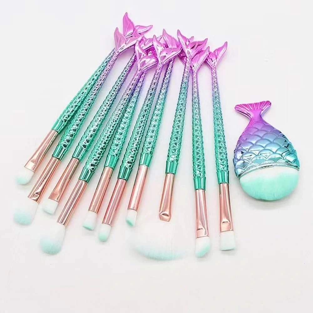11 Piece Pink Green Ombre Mermaid Fish Tail Fin & Scales Makeup Brush Set Eye